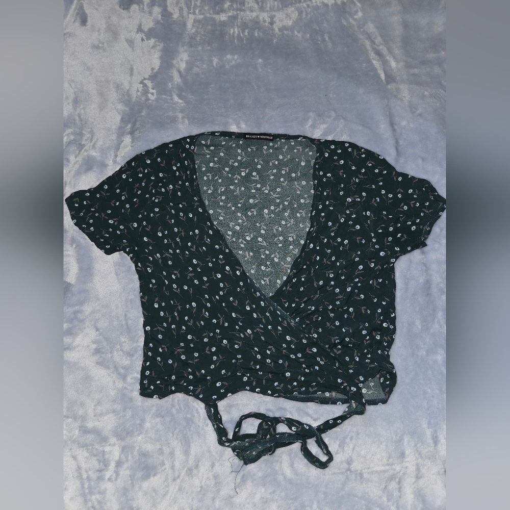 Brandy Melville Dark Green Wrap Top with Floral Design